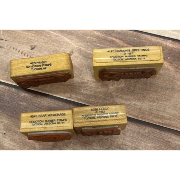 1980'S COMOTION LOT OF 4 HOLIDAY THEMED WOOD MOUNTED RUBBER STAMPS TEDDY HOLLY - Picture 3 of 6